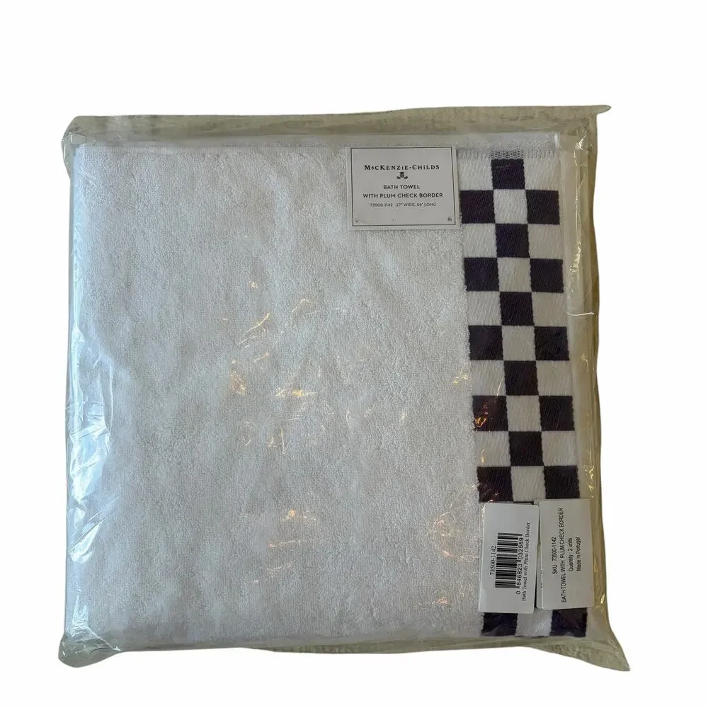 NEW Mackenzie-Childs Cotton Bath Towel with Violet Check Border